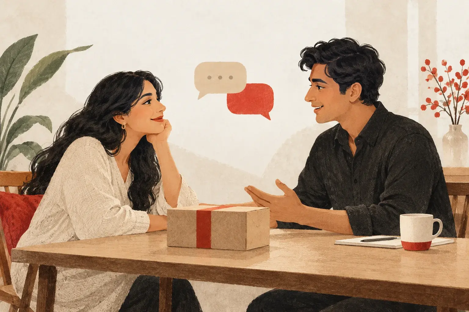 Editorial illustration of a calm customer support conversation